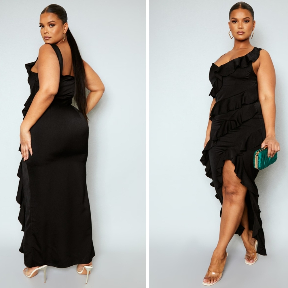 Plus Black Satin Frill Layered Maxi Dress